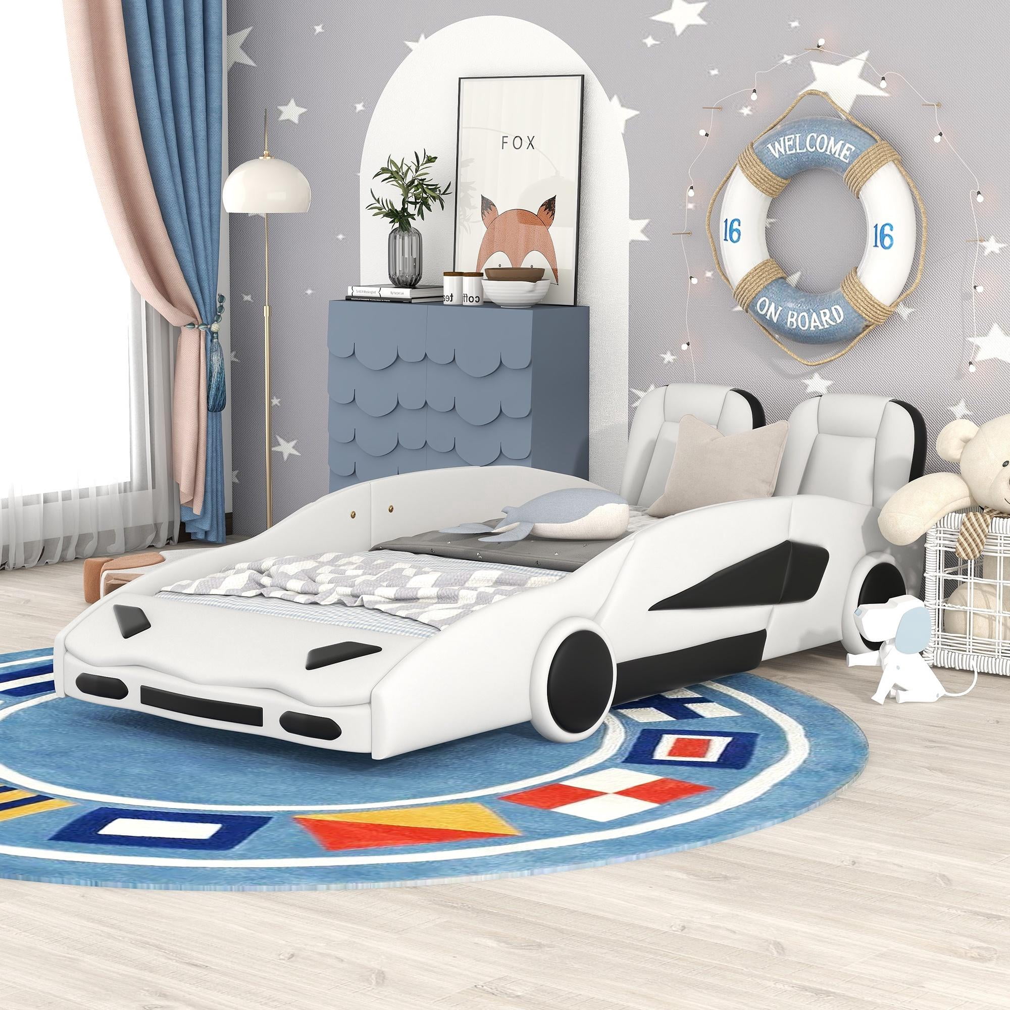 Bellemave Twin Size Race Car-Shaped Platform Bed with Wheels, Faux Leather Upholstered Boys Twin Race Car Bed,Twin Bed Frame with Slat Support（White)