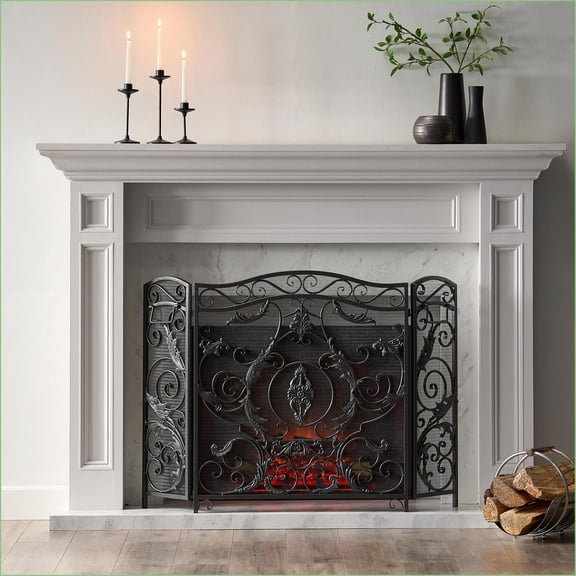 Fireplace Screen Traditional Iron Brushed Silver 3-Panel Foldable 53.5”W x 36.5”H | Black Silver | Iron