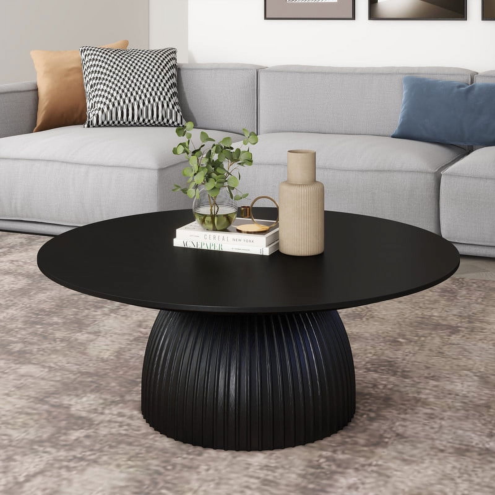 SHYFOY Round Solid Wood Coffee Table Black Pedestal Center Table for Living Room Furniture