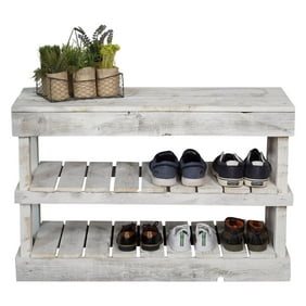 Woven Paths 2 -Tier Shoe Rack Bench, Rustic White