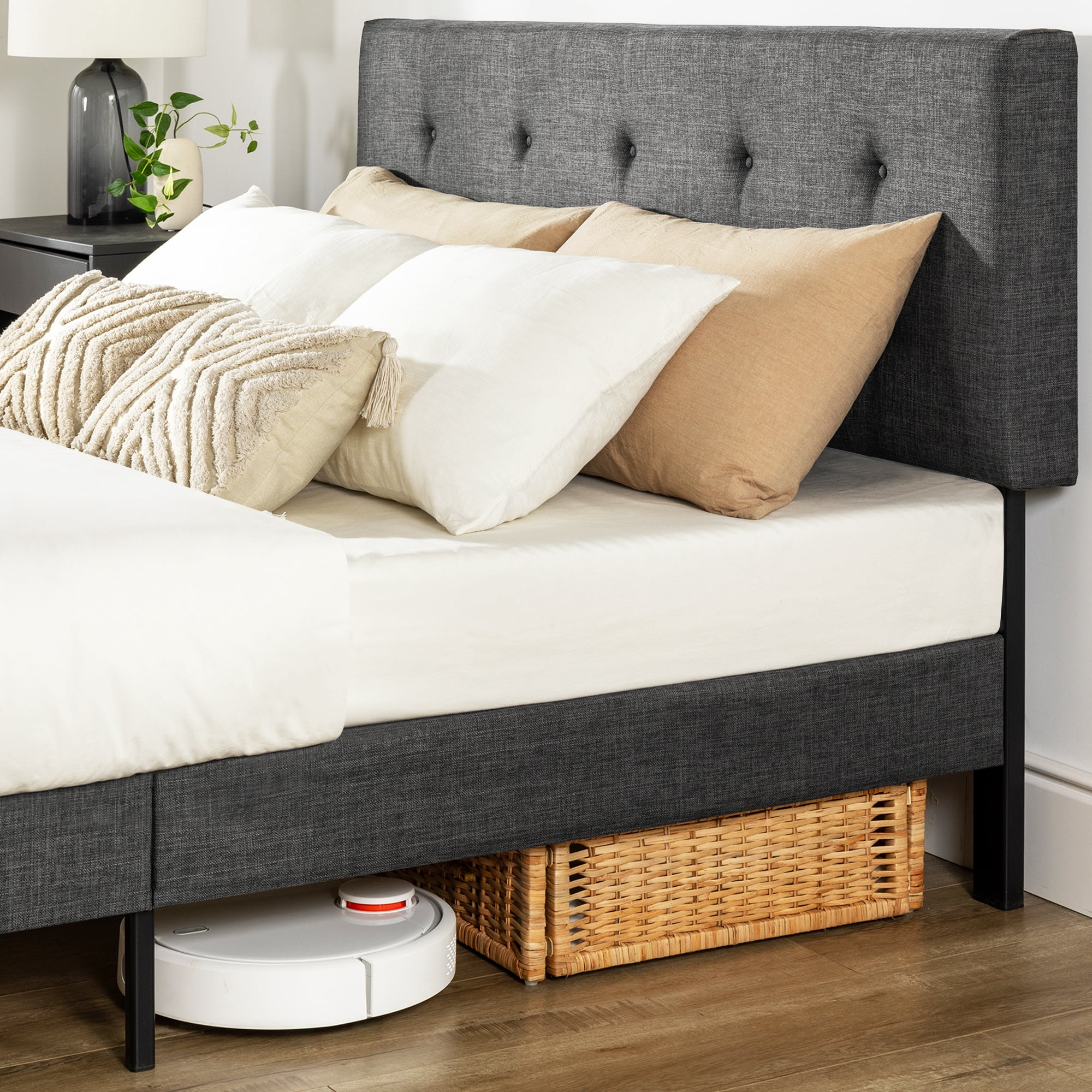 Mellow Nola Upholstered Platform Bed Frame with Headboard, Dark Gray, King