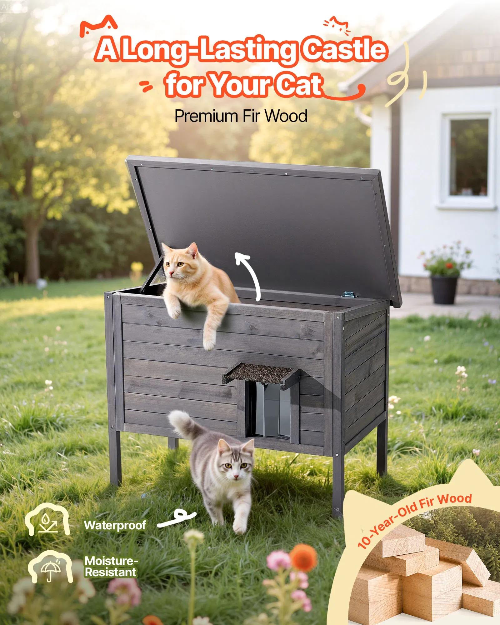 Heated Cat House, Insulated Wooden Cat House for Outdoor Cats, Waterproof Feral Kitty Shelter with Heating Pad, PVC Flap Door & Openable Asphalt Roof for 1-3 Cats in Winter