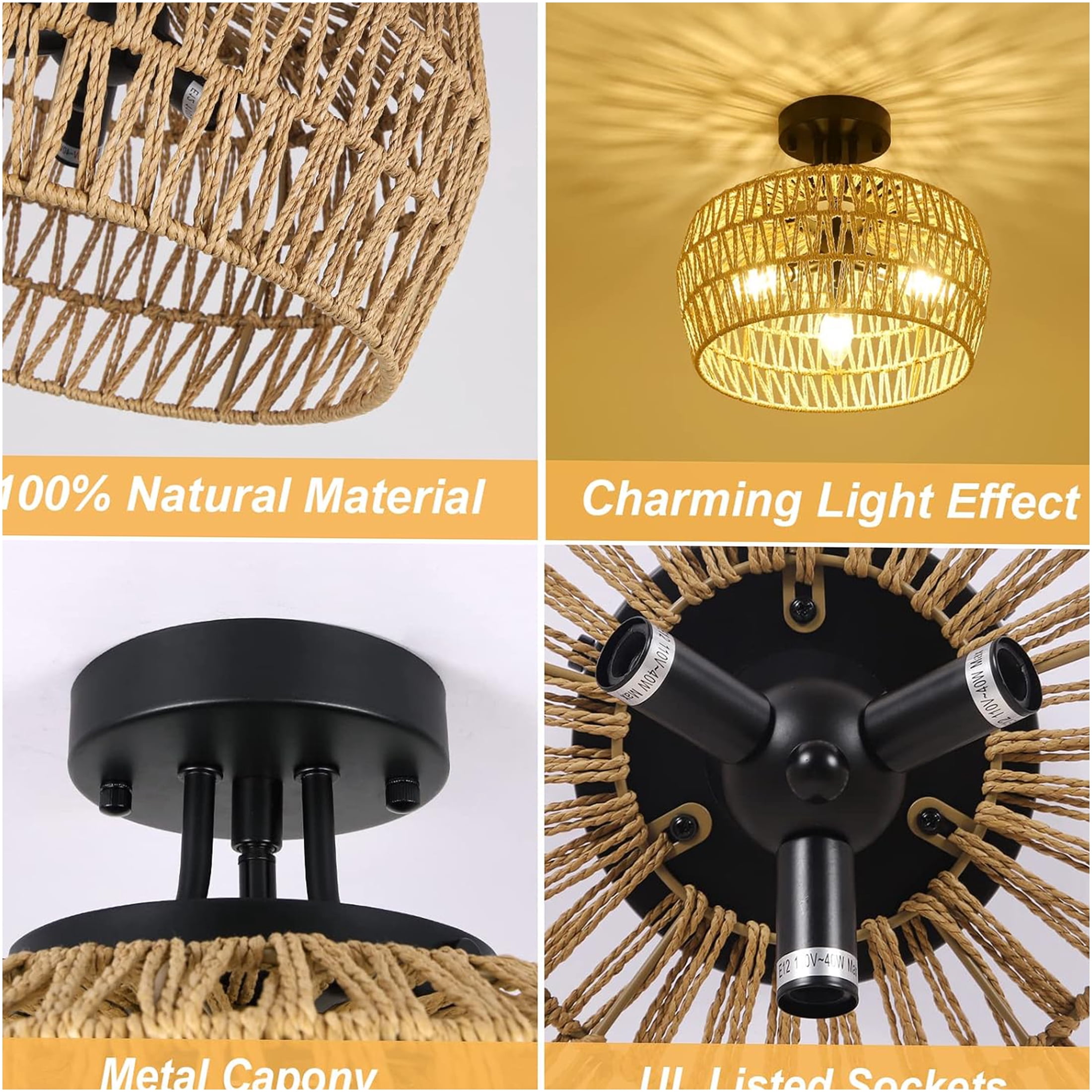 JERFIT 3-Light Semi Flush Mount Ceiling Light Fixture, Handwoven Wicker Rattan Shade, Boho Chandelier for Bedroom, Kitchen, Hallway, Living Room