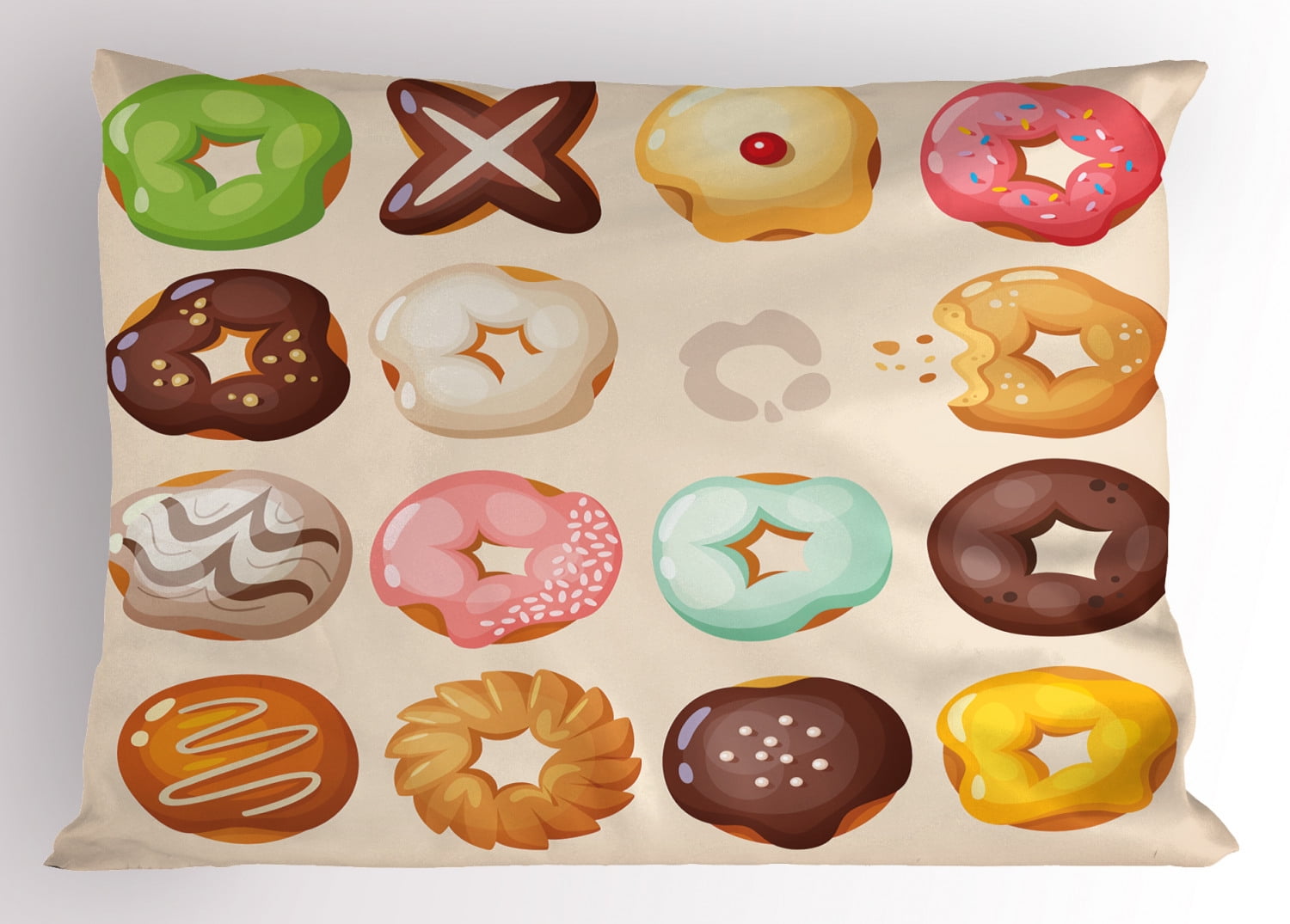 Donut Pillow Sham Different Kinds of Delicious Doughnuts Glazed Sweet