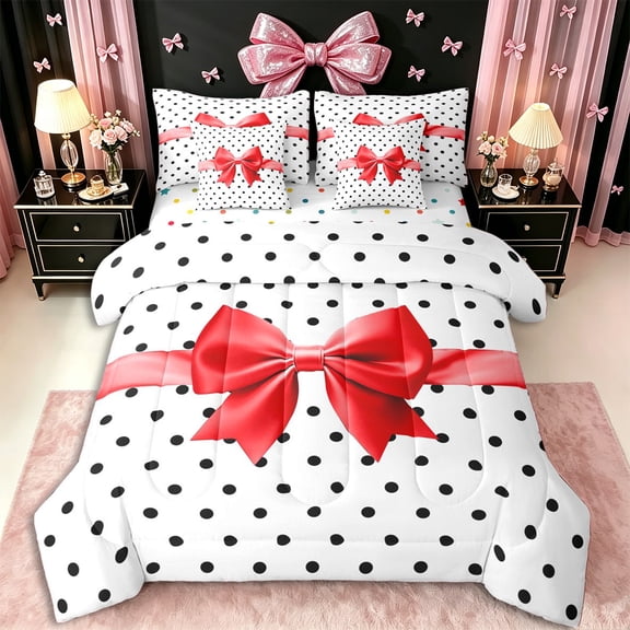 Erosebridal Girls Red Ribbon Bow Twin Bedding Sets 7-Piece,Kids Teens Black Vintage Polka Dots Bedding Comforter Set,Ultra Soft Home Decor
