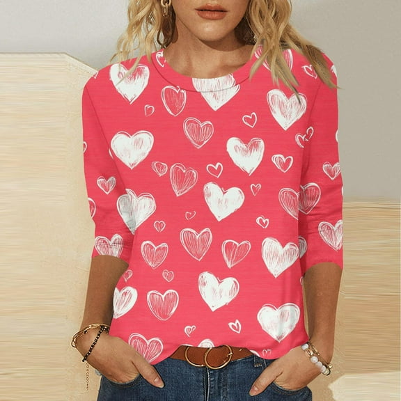 Inverlee Women's Valentines Day Shirts Cute Love Heart Print Tees Cotton 3/4 Sleeve Blouse Round Neck Going Out T-shirt Tops Valentines Day Gifts for Teen Girls