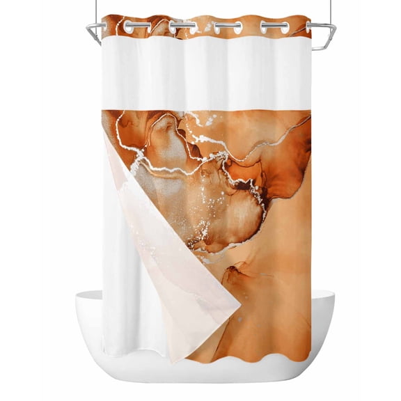 No Hook Cloth Fabric Shower Curtain with Snap in Liner, Marble Burnt Orange Waterproof Shower Curtains Set with See Through Top Window, Modern Abstract Ink Painting Luxury Bath Curtains 36"x72"