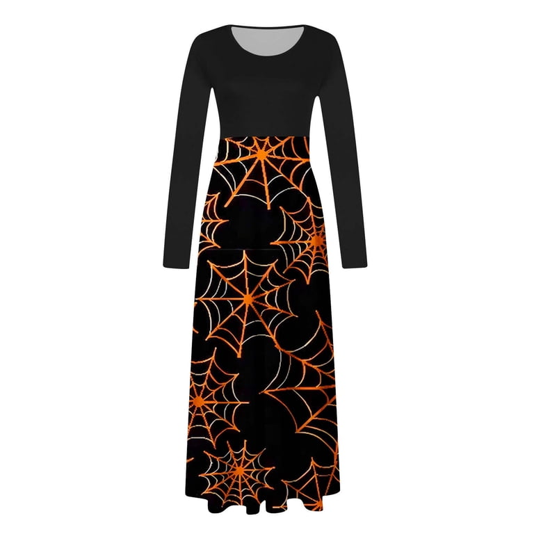Enjoytime Womens Maxi Dress Winter Vintage Patchwork Round Neck Long Sleeve Goth  Dresses Fashion Print Witch Costume Women Orange XXL - Walmart.com