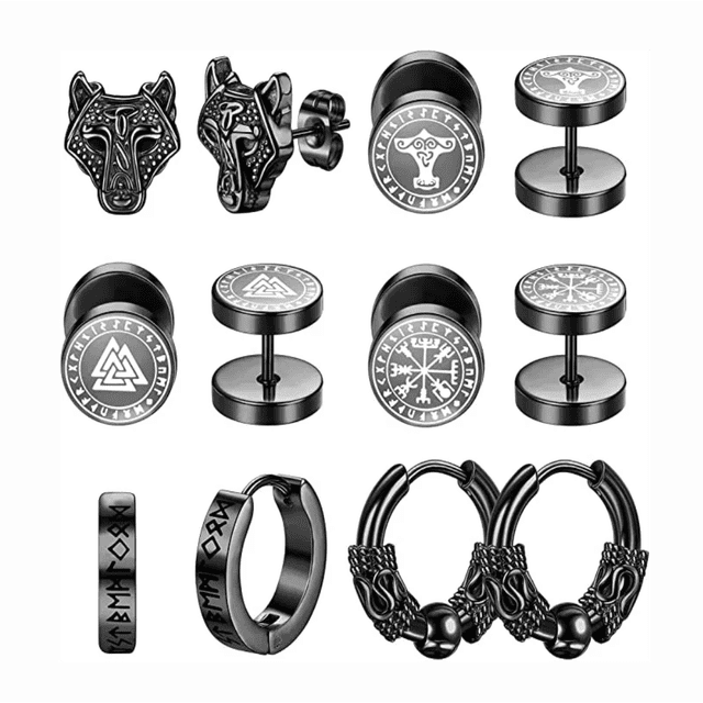 6 Pares Aretes Con Piercing Pendientes Runas Vikingas Hombre Negro