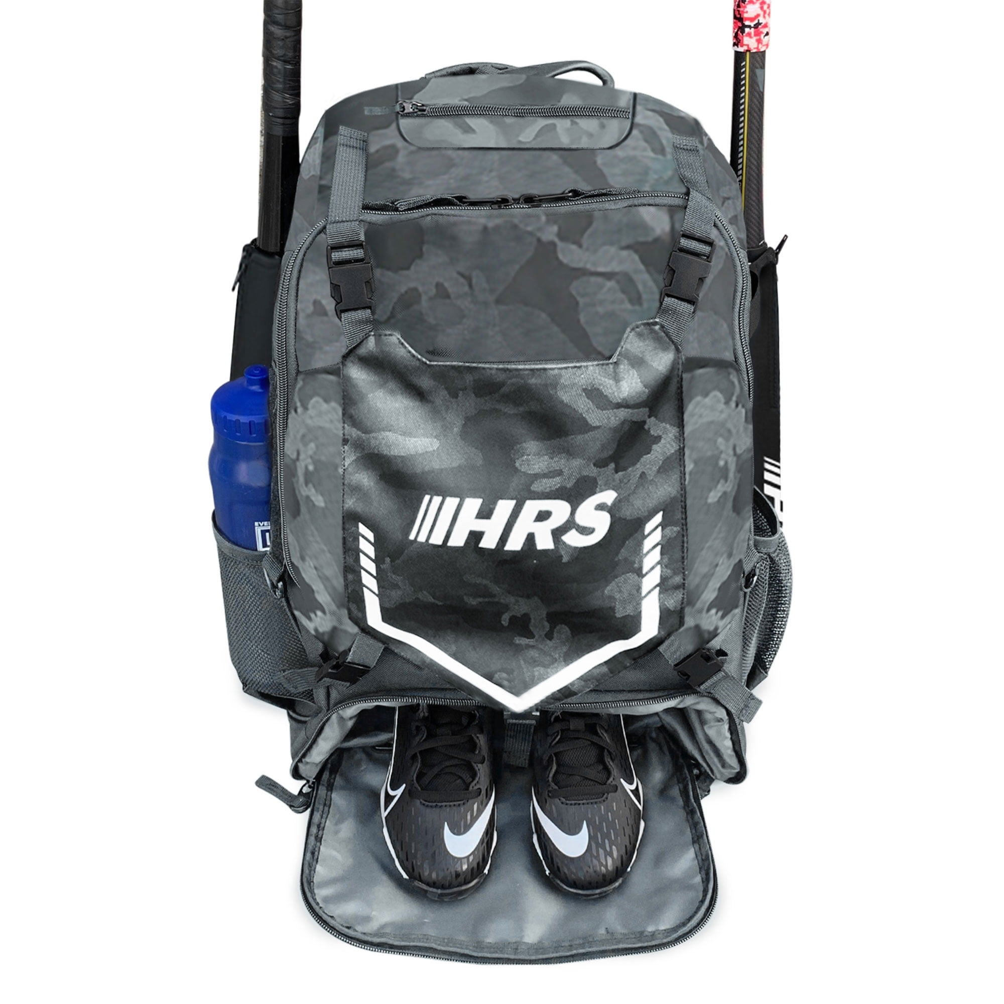 Hit Run Steal Bat Bag Backpack, Holds 4 Bats, Glove, and Helmet, Gray Camo