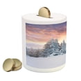 thumbnail image 2 of Winter Piggy Bank, Sunrise in Winter Landscape Snowy Fields Frozen Pine Trees Northern Hemisphere, Ceramic Coin Bank Money Box for Cash Saving, 3.6" X 3.2", Coral White Blue, by Ambesonne, 2 of 4