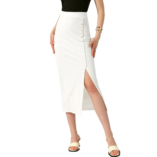 Falda básica de lápiz midi casual para mujer Inspire Chic, con abertura lateral, de punto acanalado, ajustada, color blanco, talla M