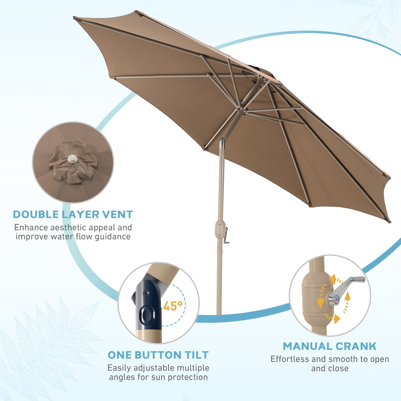 Aoodor 9FT Outdoor Patio Umbrella with 8 Steel Ribs and Push Button Tilt Crank, UV Protection, Coffee