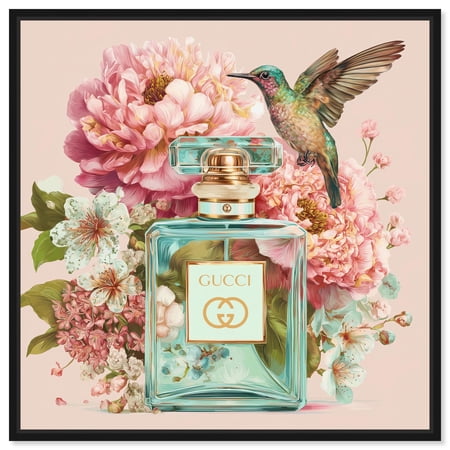 Hummingbird Perfume Bloom Canvas Print Pink Glam Wall Art by Art Remedy, Black Frame, 12 x 12