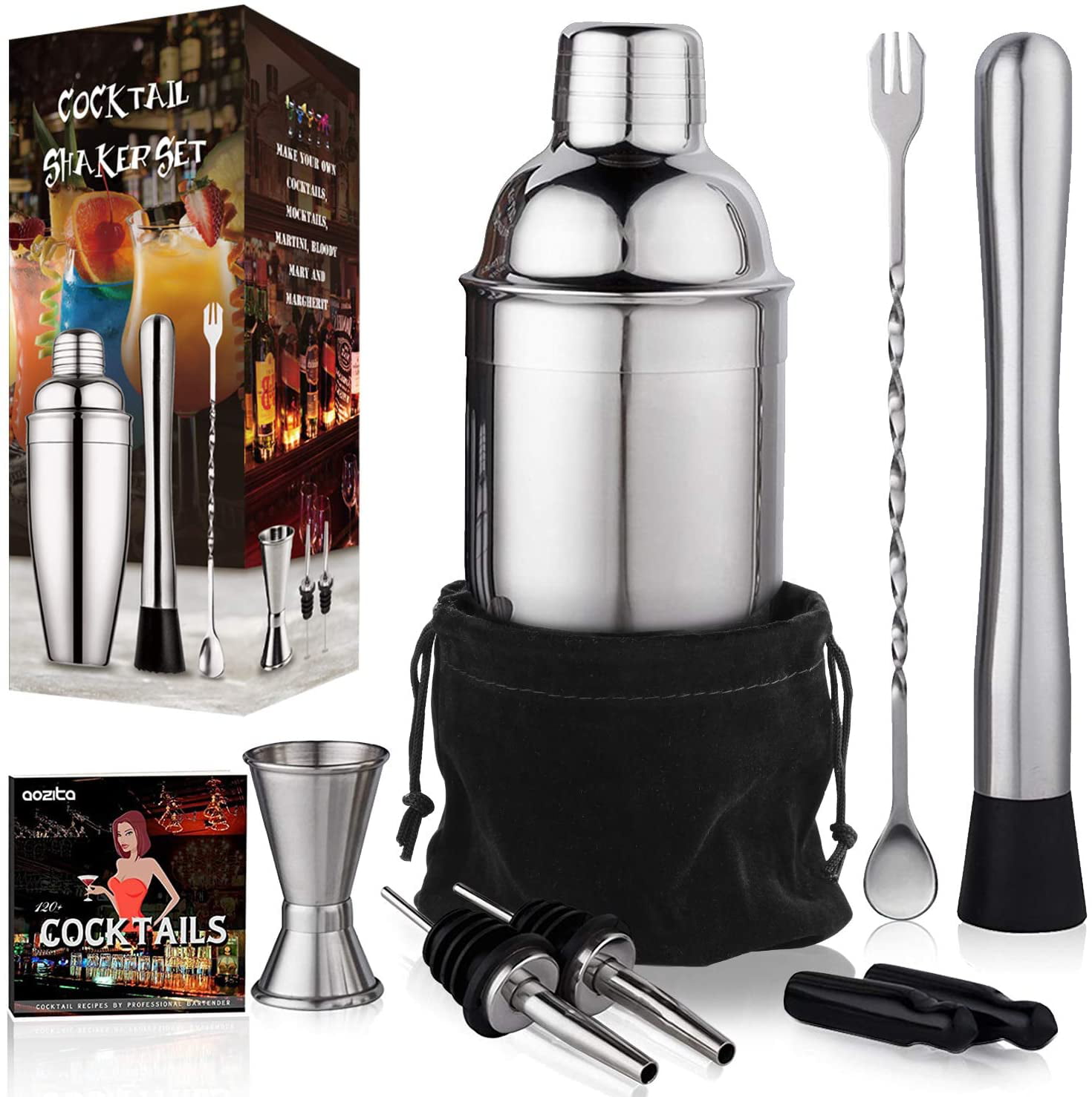 Cocktail Shaker Set Stainless Steel Bartending Kit with 24 Ounce Cocktail Shake