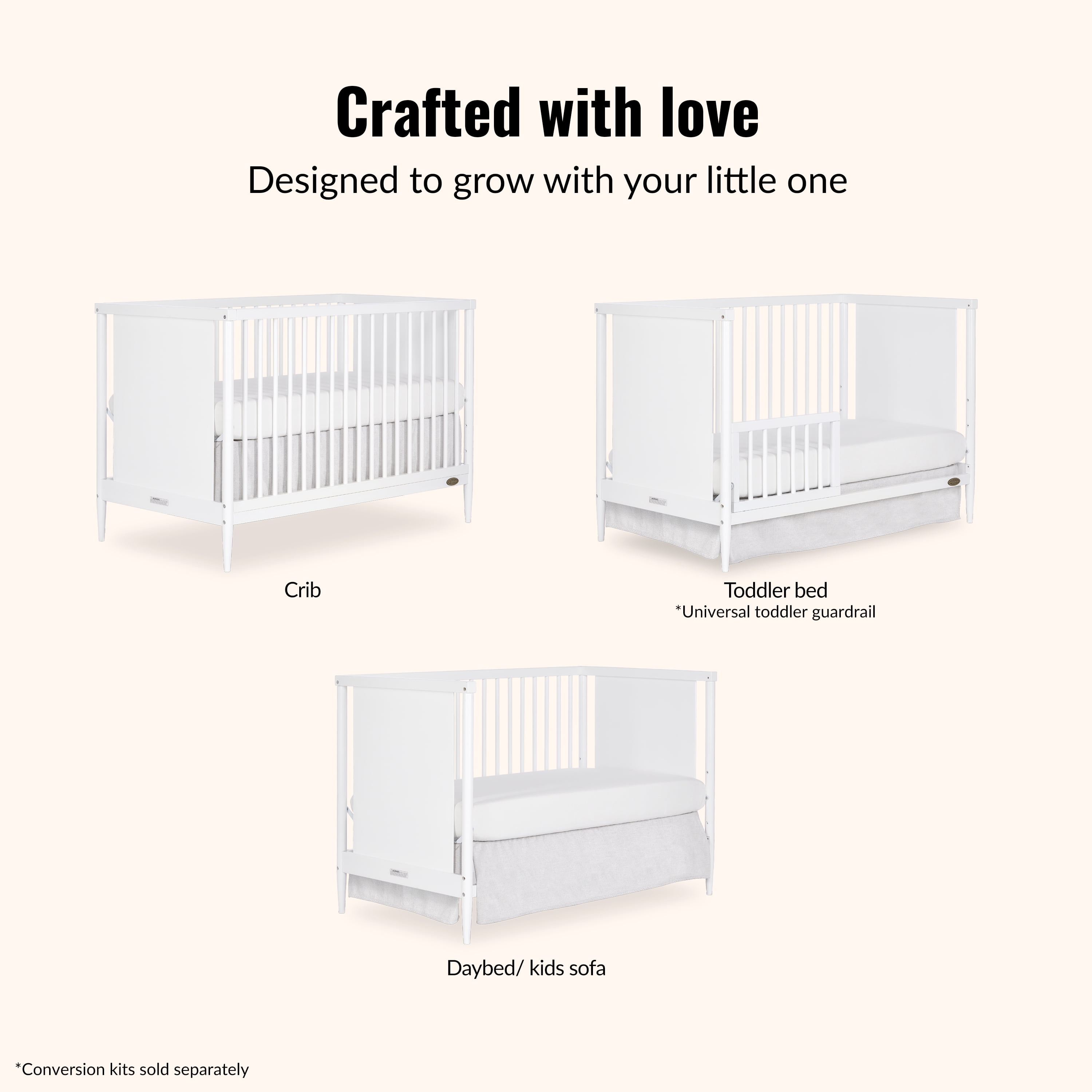 Dream On Me Clover 4 In 1 Modern Island crib With Rounded Spindles I Convertible Crib I Mid- Century Meets Modern I Coordinates With The Clover Changing Table In White Finish