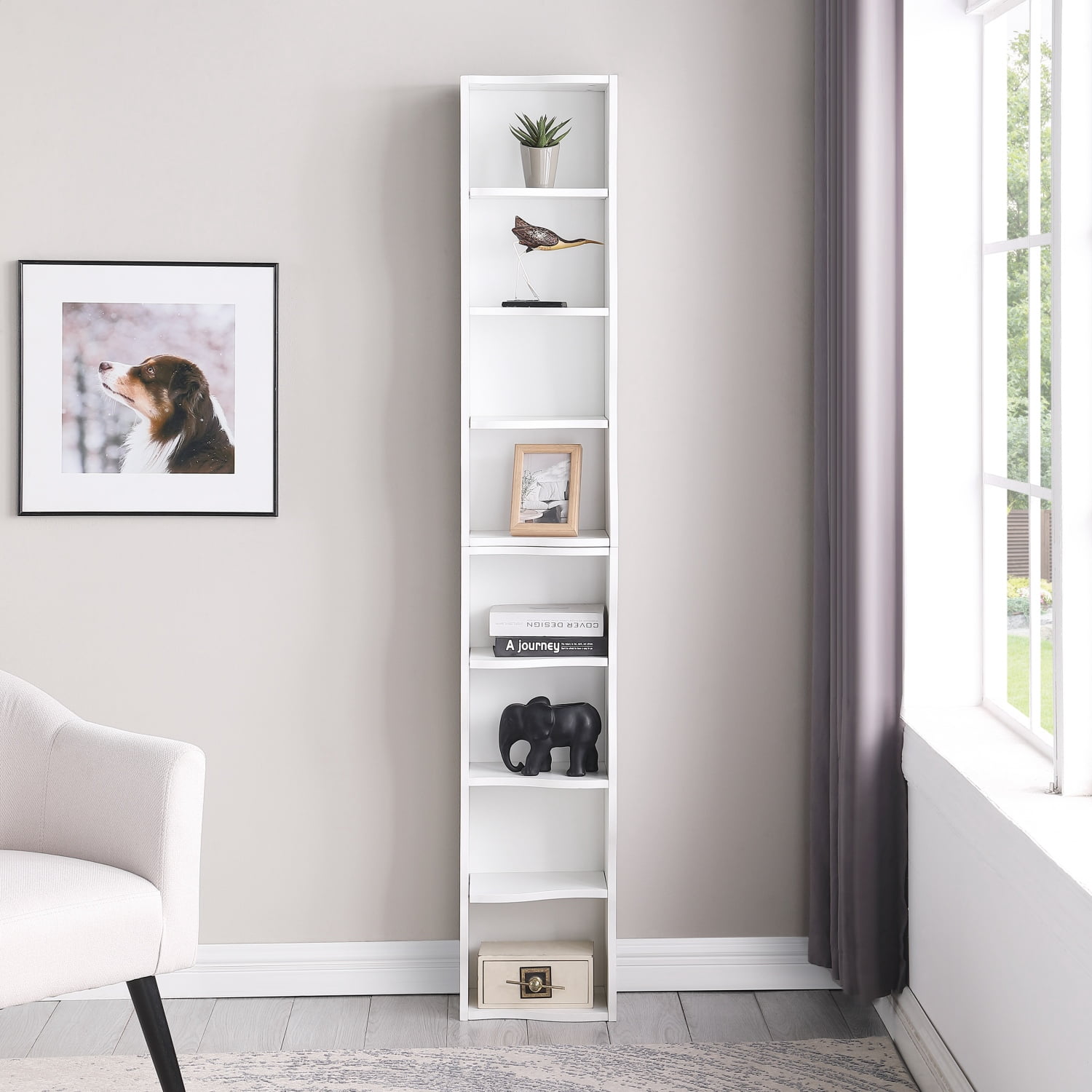 Bapipro 71" Tall Narrow Bookshelf, 8 Tier Corner Bookcase for Small Space, Floor Standing Storage Rack, Display Shelf Organizer for Bedroom, Living Room, White