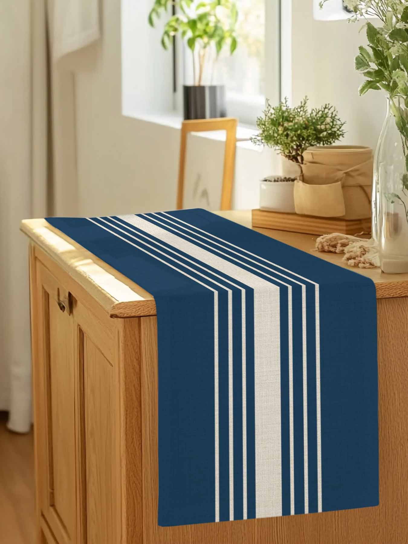 Vintage Linen Stripe on Blue Table Runner 90 Inches Long, Modern Minimalist Art Table Runners Tabletop Scarf Kitchen Dining Tables Decoration for Home Party Indoor Outdoor