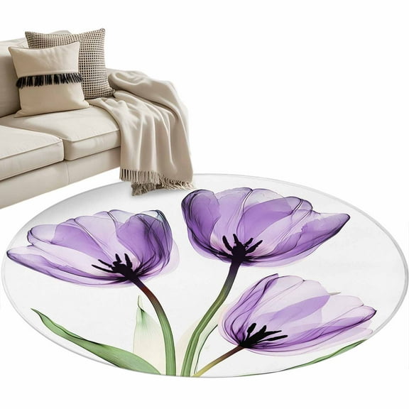 Purple Tulips Round Area Rug 4 FT, Non Slip Indoor Outdoor Rug, Watercolor Floral Wildflower Green Plant Washable Soft Circular Carpet Non-Shedding Floor Mat for Coffee Table Nursery Foyer Balcony