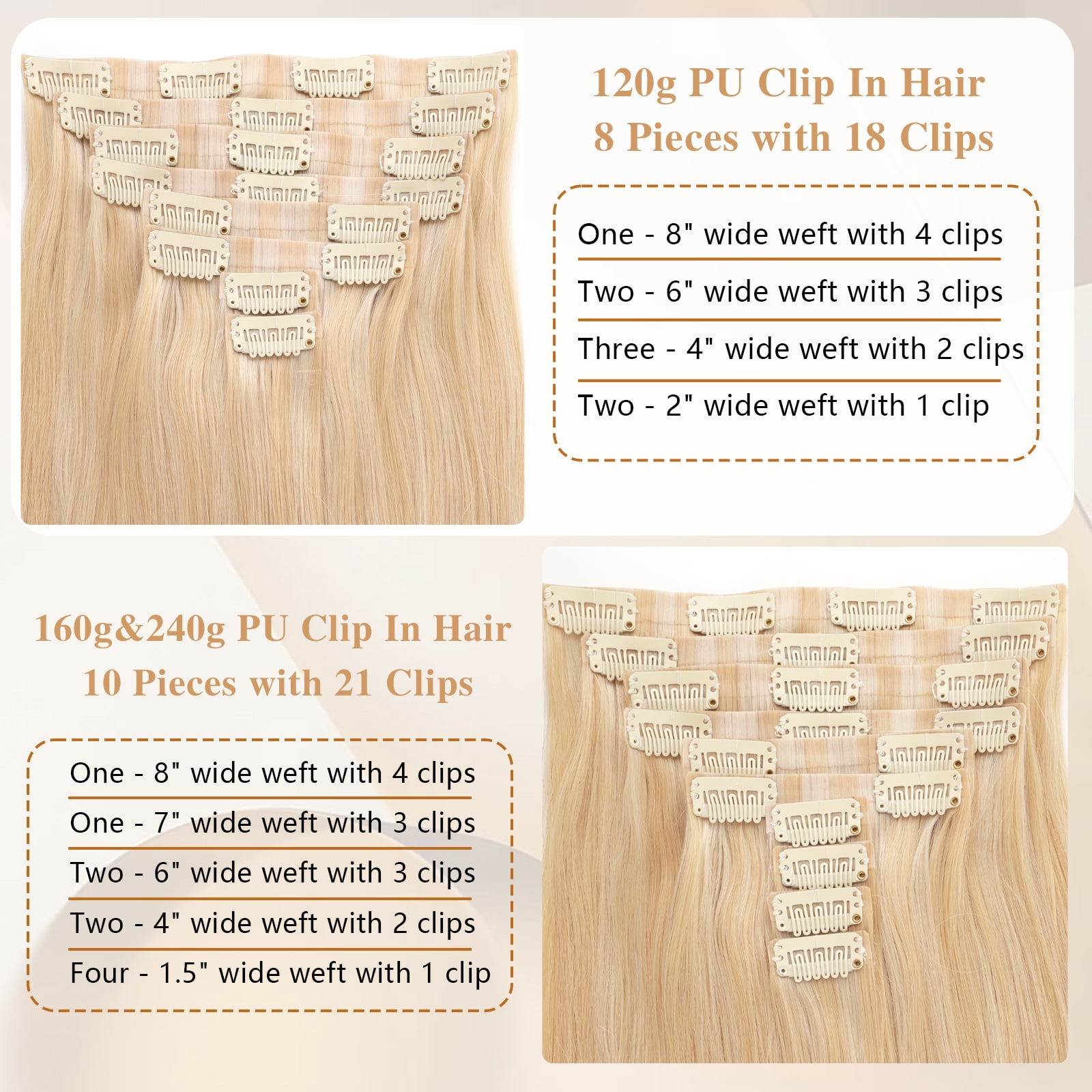 PU Clip In Hair Extensions P18/613# 240g 22inch