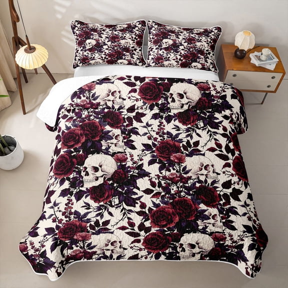 Homewish Floral Skull Skeleton Quilt Full for Gifts, Cream Red Rose Gothic Full Bedspread Sets, 3-Piece