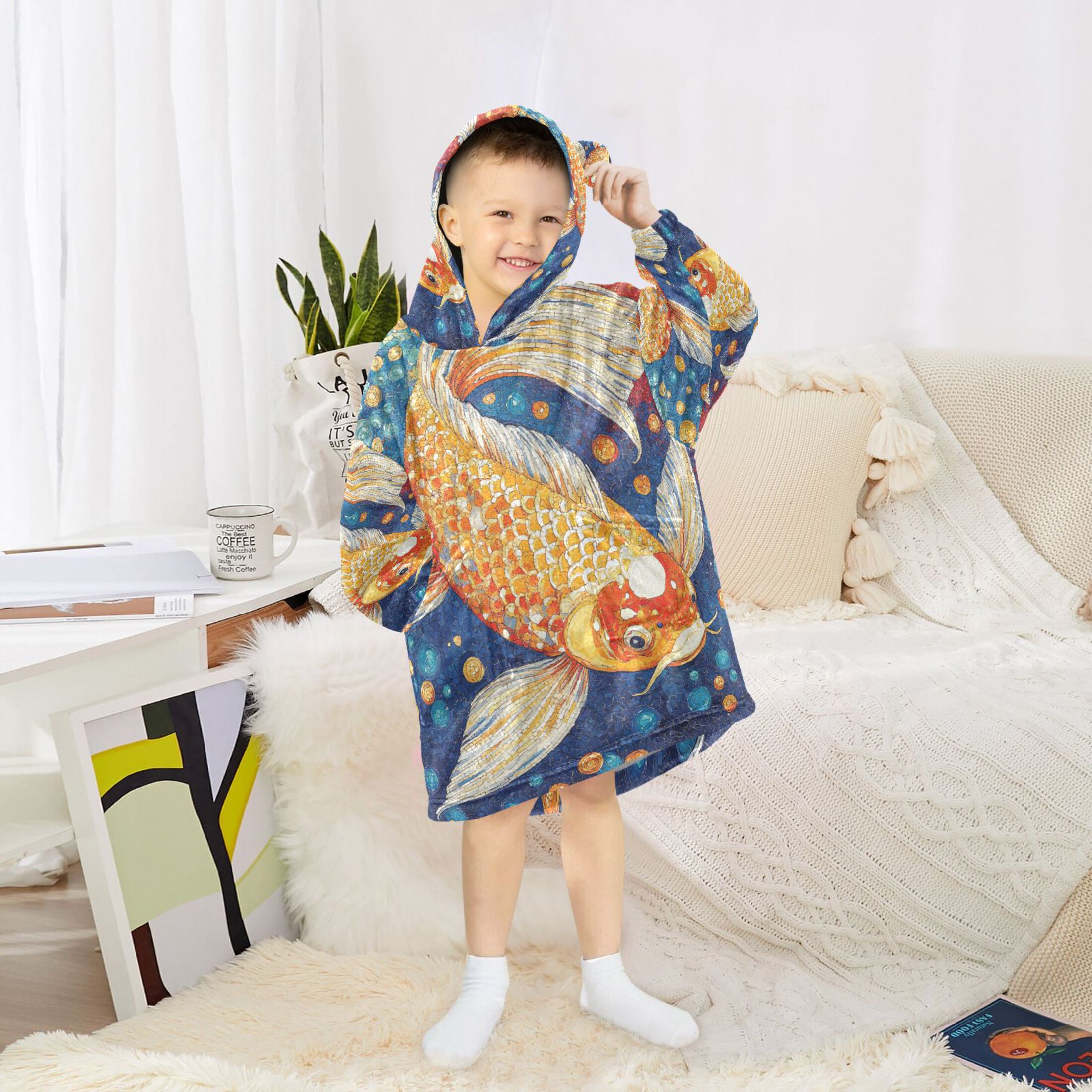 YAZAOO Kids Wearable Blanket Hoodie Warm and Cozy Radiant Koi Flannel Sweatshirt