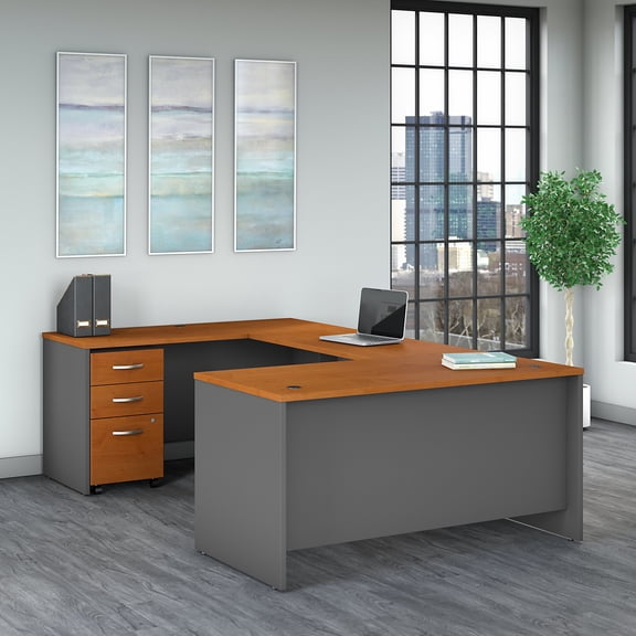 Bush Business Furniture SRC148NCSU 60 in. Series C U Shaped Desk with 3 Drawer Mobile File Cabinet, Natural Cherry