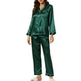 thumbnail image 2 of INSPIRE CHIC Women's Satin Lounge Set Long Sleeve Button Down Shirts with Pants Silky Pajamas S Dark Green, 2 of 6