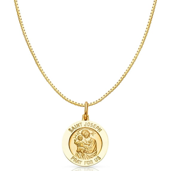 14K Yellow Gold St. Joseph Pray For Us Religious Charm Pendant with 0.8mm Box Chain Necklace - 24"