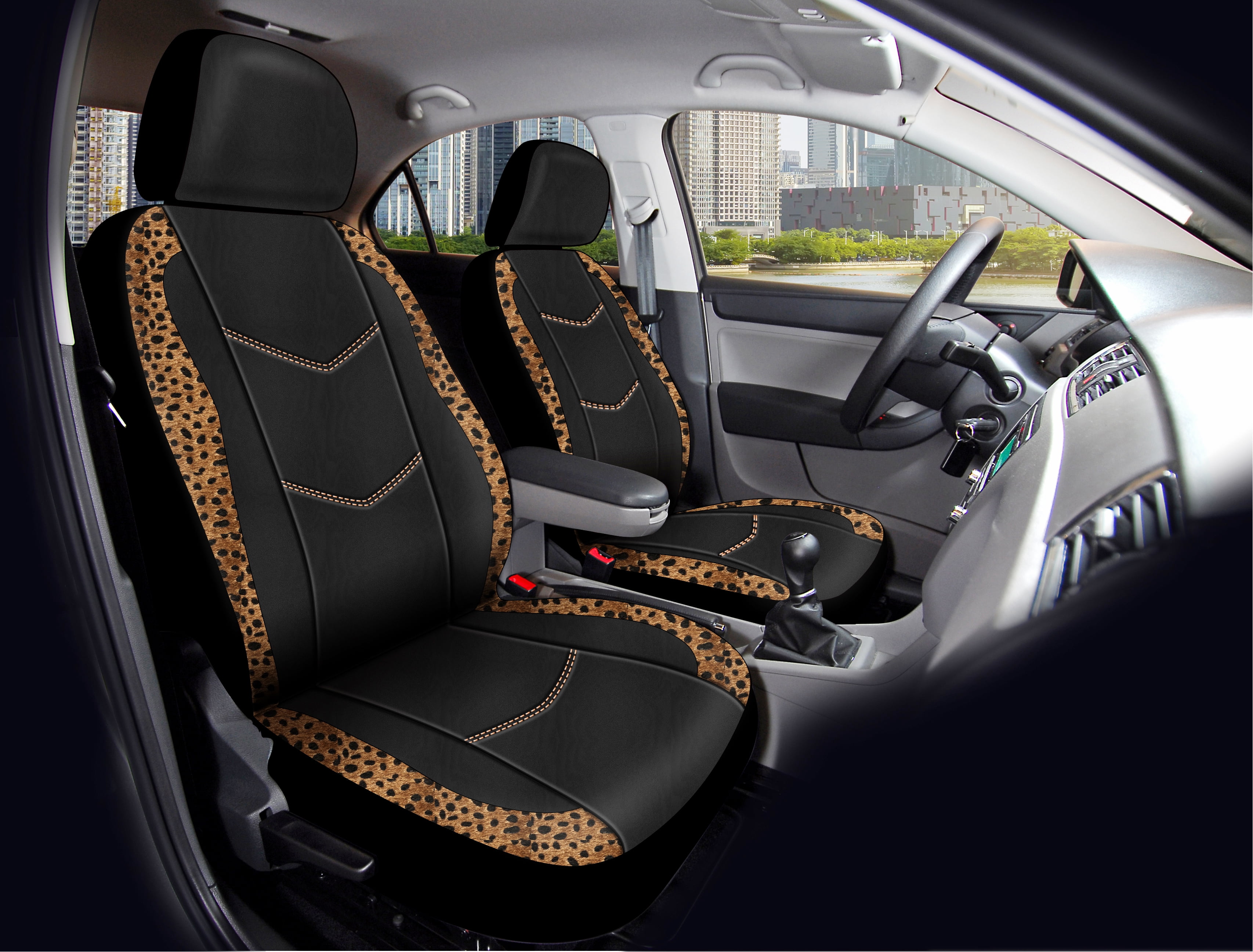 Auto Drive Brown Leopard Faux Leather Car Seat Covers, Set of 2, YT014