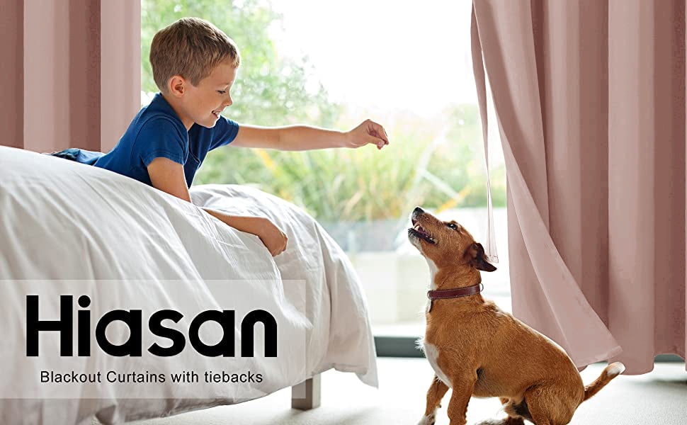 Hiasan Blackout Curtains for Bedroom - Thermal Insulated & Energy Saving Window Curtains for Living Room, 2 Drape Panels Sewn with Tiebacks, Blush Pink, 42 x 63 Inch