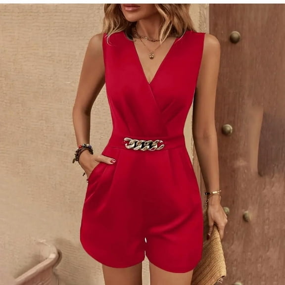 MORTTIC Women's Sleeveless V-Neck Jumpsuit with Belt Elegant Solid Color Romper with Pockets for Dressing Up Red，S