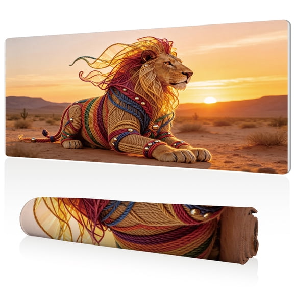 LIVEKEY Extra Large Mouse Pad Majestic Desert Lion with Colorful Mane and Golden Accents Sunset Design 80x40x0.3cm Full Desk Coverage Anti Slip Durable Easy Clean Stitched Edges for Gaming and Office