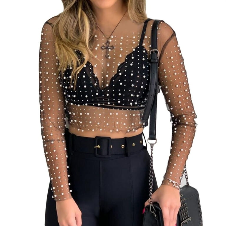 Womens Long Sleeve Sheer Mesh Crop Top Shiny Pearls for