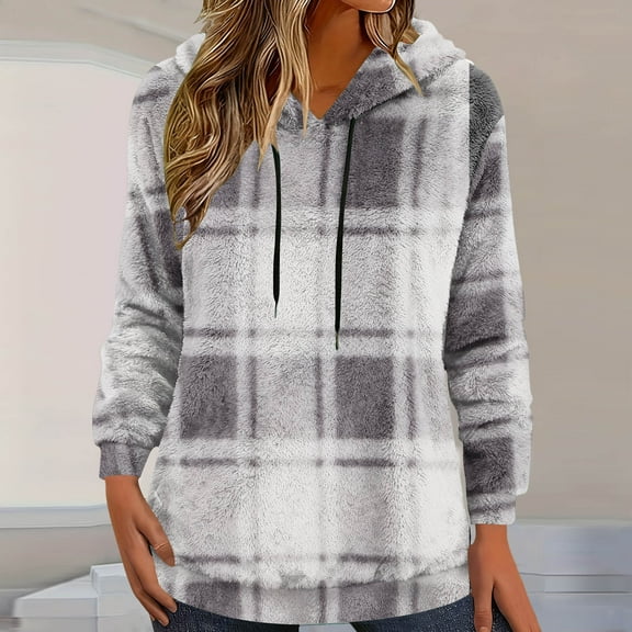 Neewe Plaid Sherpa Fleece Hoodies for Women Fuzzy Oversized Zip up Hoodie Casual Pullover Hooded Sweatshirt