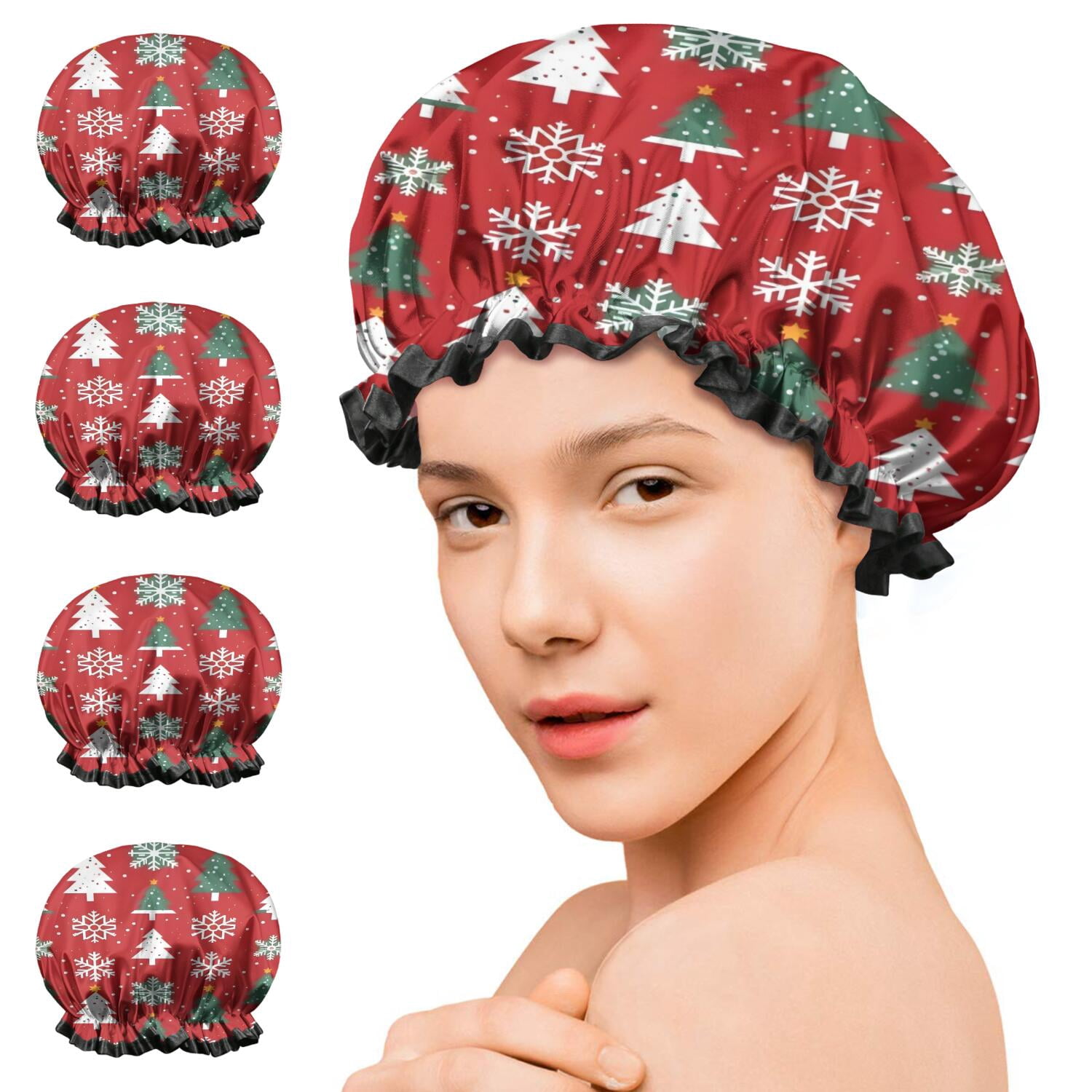 Shower Caps,Red Christmas Tree and Snowflake Pattern Waterproof Shower Cap for Women 4 Pieces,Double Reusable Hair Cover for Shower PEVA Elastic Stretch Hem