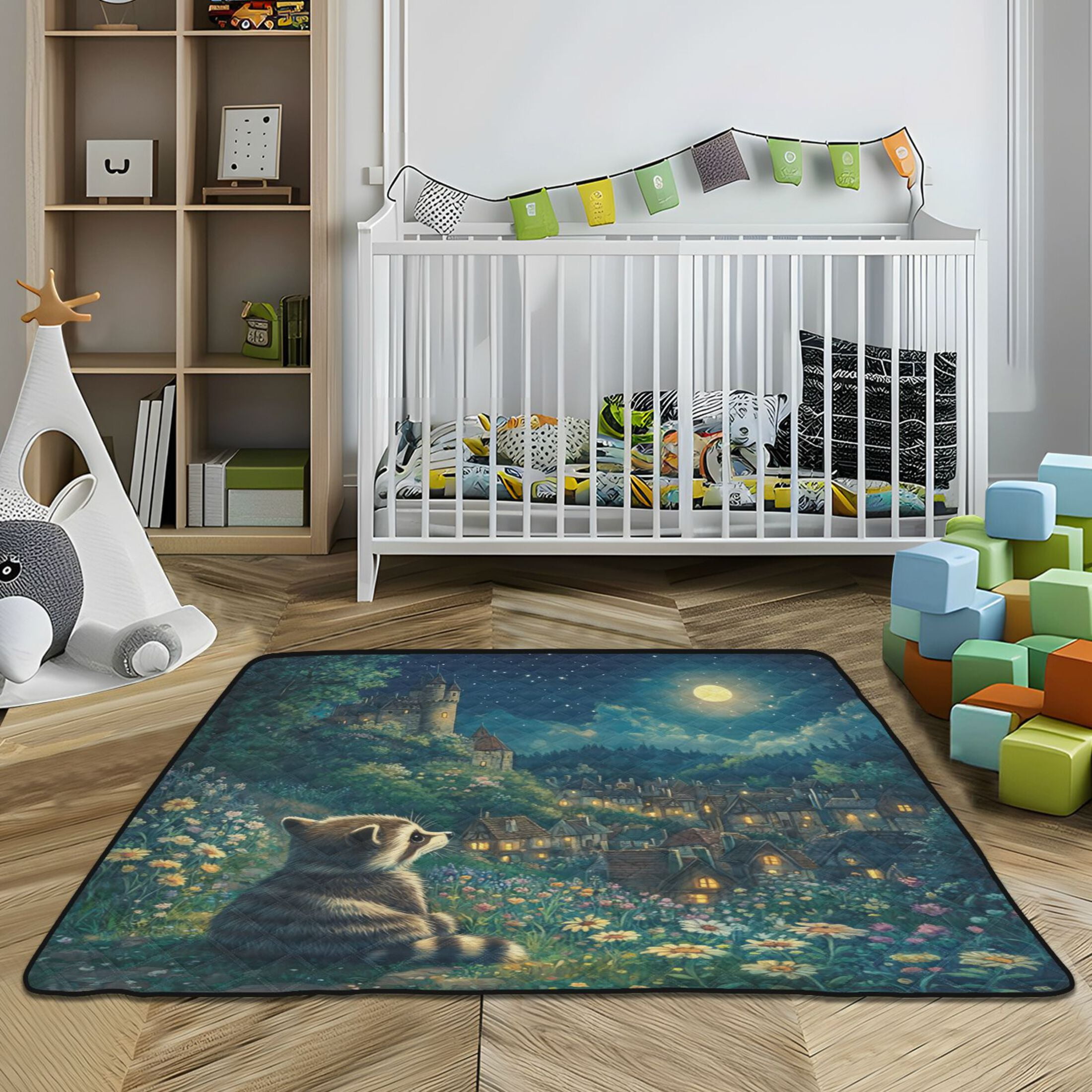 WOBOGO Raccoon Journey Baby Playmats Extra Large Waterproof Rollable Activity Pads for Toddlers 50×50inch