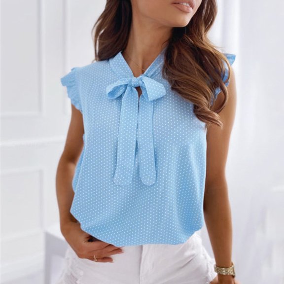 Womens Shirts Striped Bow Sleeveless Chiffon Summer Tshirts Shirts for Women Blue L