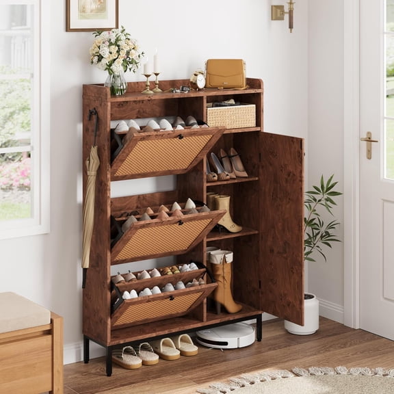 Shoe Cabinet Rattan with 3 Flip Drawers and 4-Tier Shoe Storage Cabinet, Freestanding Shoe Organizer with Adjustable Shelves for Entryway, Closet, Hallway (Tree Pomegranate)