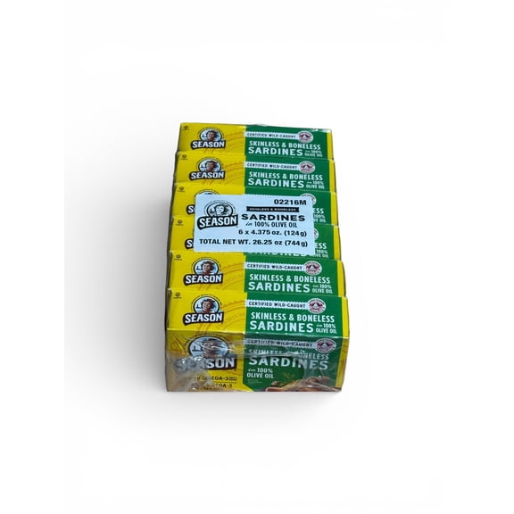 Season Skinless & Boneless Sardines in 100% Olive Oil, Wild-Caught, 6-Pack, 4.375 oz Cans, 26.25 oz Total