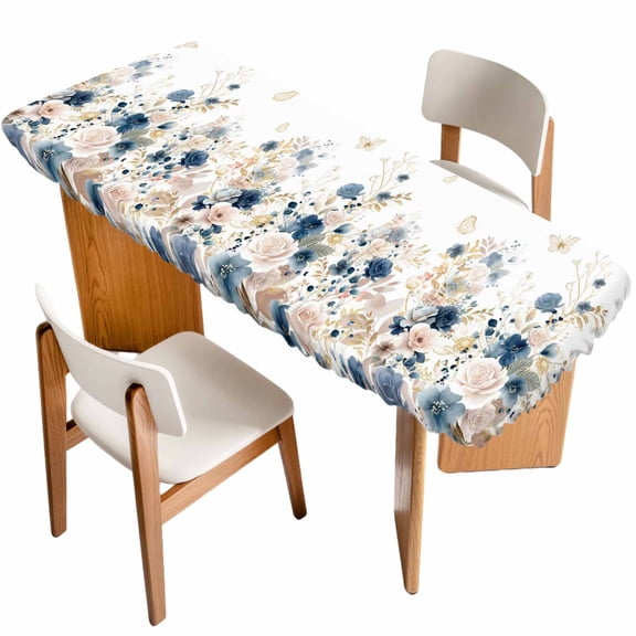 Navy Blue Spring Floral Table Cloths for 8 Foot Rectangle Tables, Elegant Pastoral Flowers Watercolor Patio Waterproof Elastic Fitted Tablecloths, Washable Rectangular Table Cover for Camping