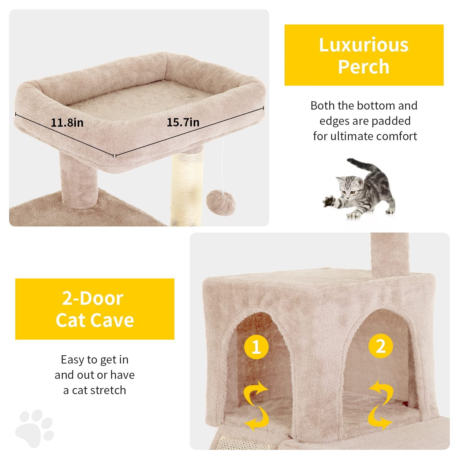 36 inches Cat Tree for Indoor Cats Cat Tower with Scratching Posts Multi-Level Cat Furniture Condo with Ramp Perch Spacious Cat Cave (Beige)