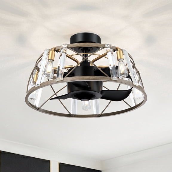 23" Modern Matte Black Crystal Caged Low Profile Ceiling Fan with Light and Remote