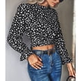thumbnail image 4 of Blusa Estampado de puntos Manga larga Volantes Cuello redondo Puños con volantes Nudo trasero Tops de moda para mujer Negro M, 4 of 7