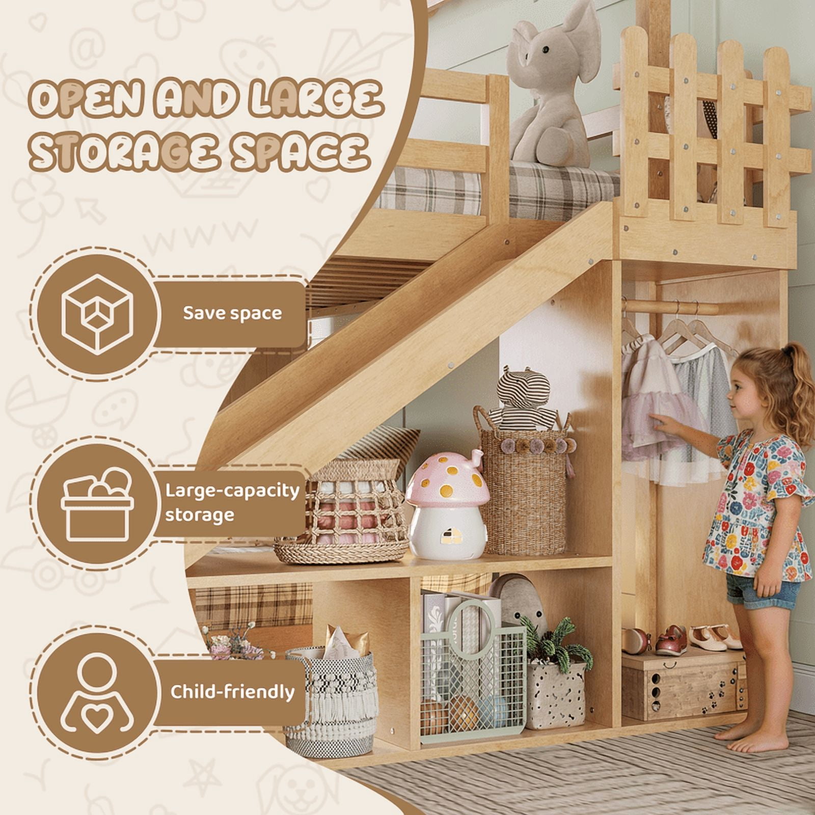 Twin Over Full House Bunk Bed with Slide and Ladder, Kids House Floor Bunk Bed with Storage Shelves and Wardrobe, Playhouse Design, Solid Wood Frame, No Box Spring Needed