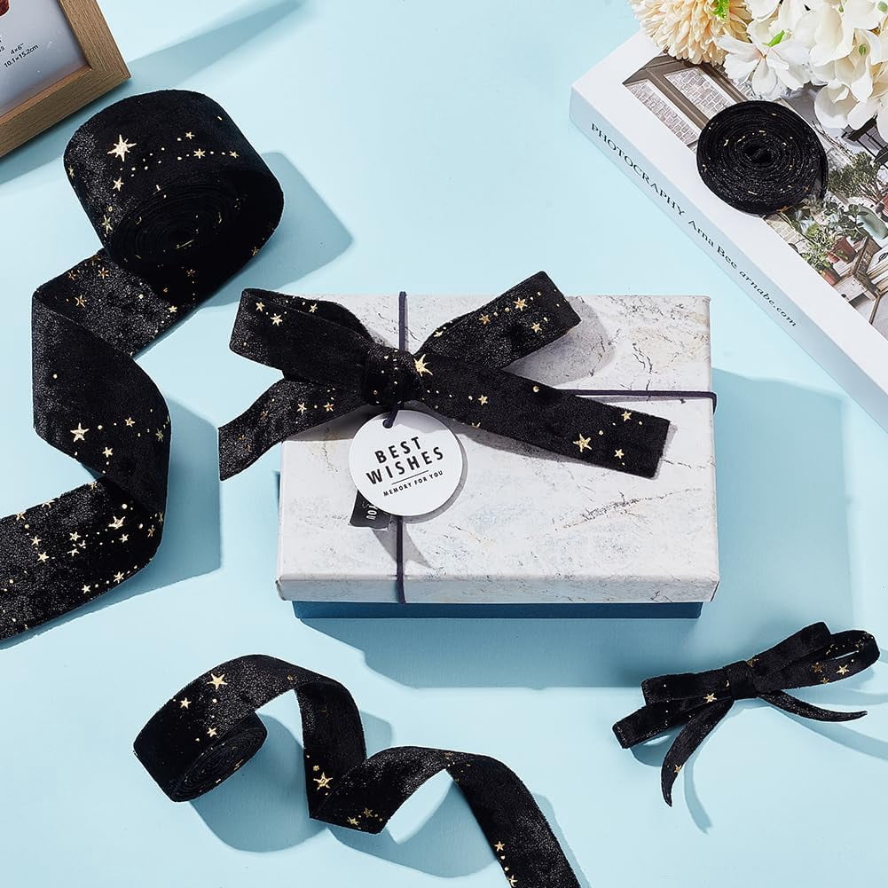 6.56 Yards(6m) Double Faced Velvet Ribbons with Star Motif 3/8 inch 1 inch 2 inch(1cm 2.5cm 5cm) Black Satin Trims Flat Ribbon Roll for Gift Wrapping Decor Party Wedding Crafts 1set