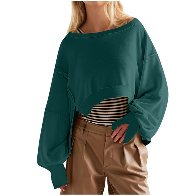 Timegard Womens Sweatshirts Crewneck Long Sleeve Drop Shoulder Side Split Pullover Casual Loose Crop Tops
