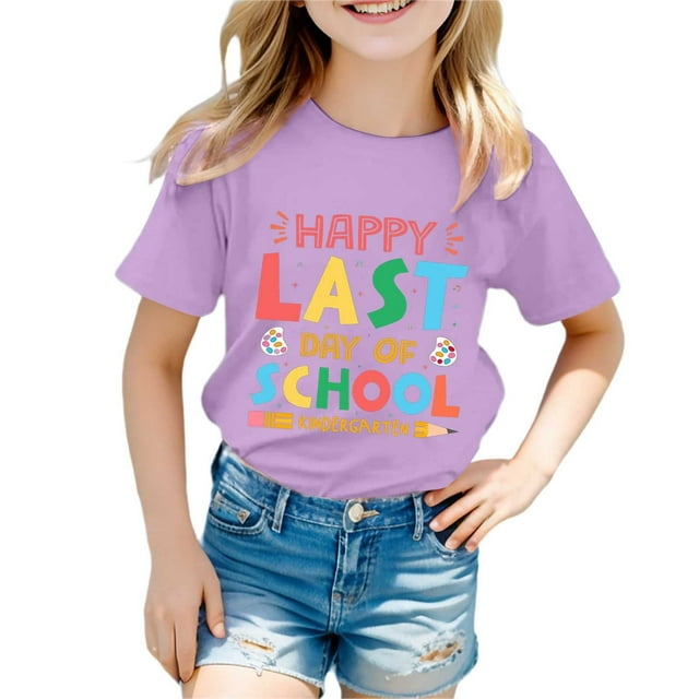 NINGMENG Juniors Filles Hauts et T-Shirts Été Rentrée des Classes Imprimé de Lettres Col Rond Manches Courtes T-Shirts Amples Décontractés Tenue de Vacances, Violet, 10-11 Ans