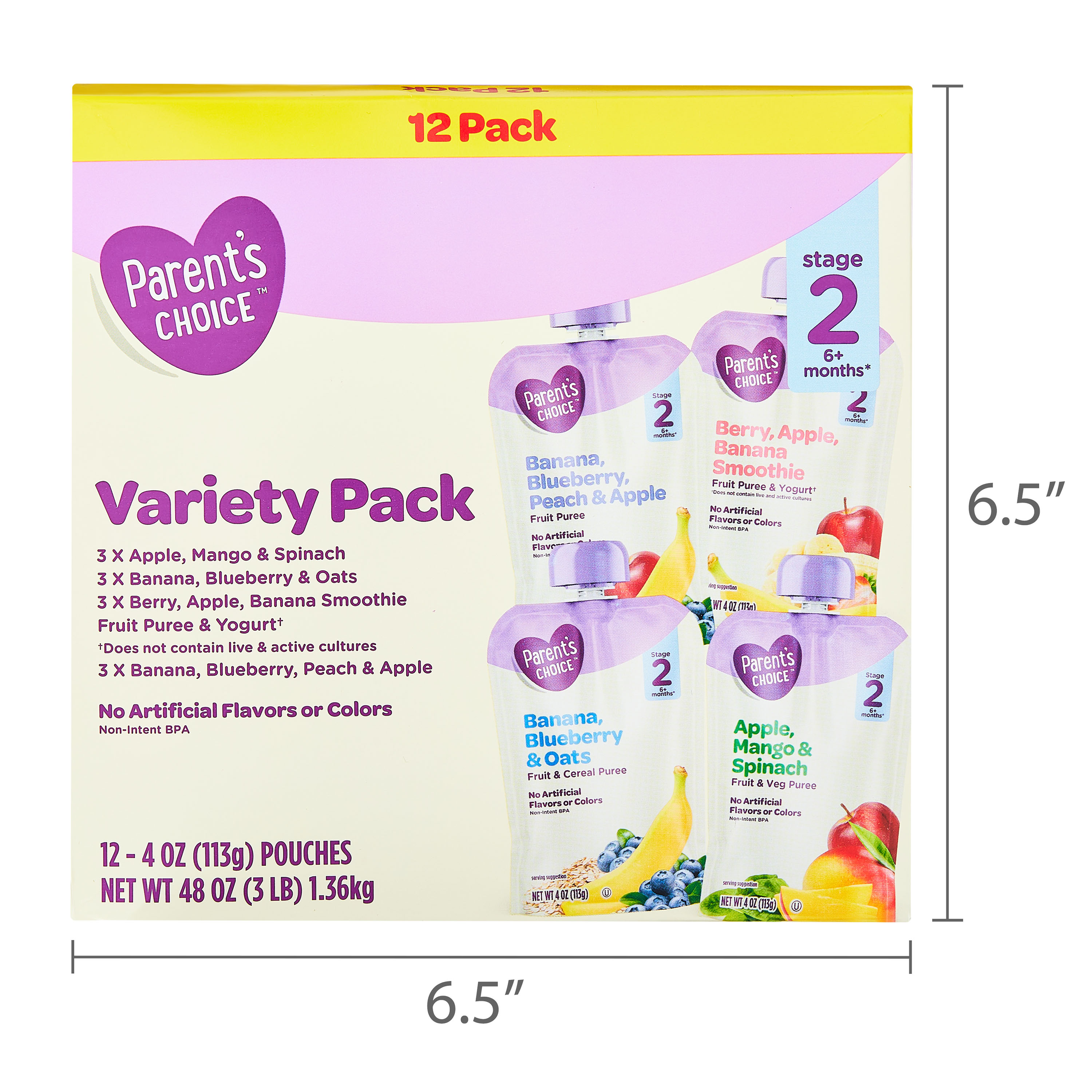 Paquete variado de comida para bebé etapa 2 de Parent's Choice, bolsa de 4 oz, paquete de 12 8