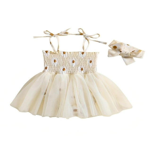 Combinaison d'Été pour Nouveau-Née Fille, Robe Sans Manches en Tulle à Imprimé Marguerites + Bandeau